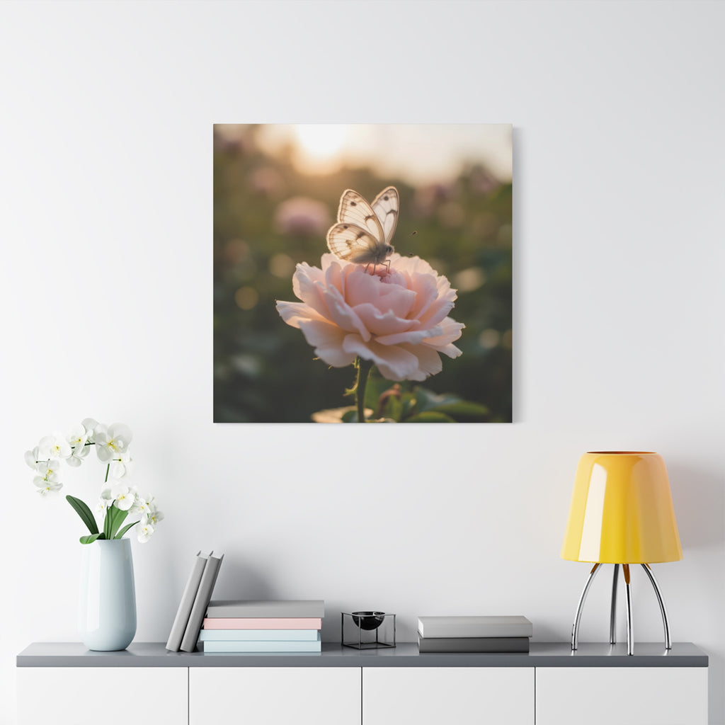 Butterfly on Pink Rose Wall Art - Stretched Canvas