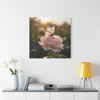 Butterfly on Pink Rose Wall Art - Stretched Canvas