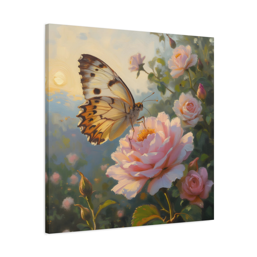 Butterfly on Pink Rose Wall Art - Stretched Canvas