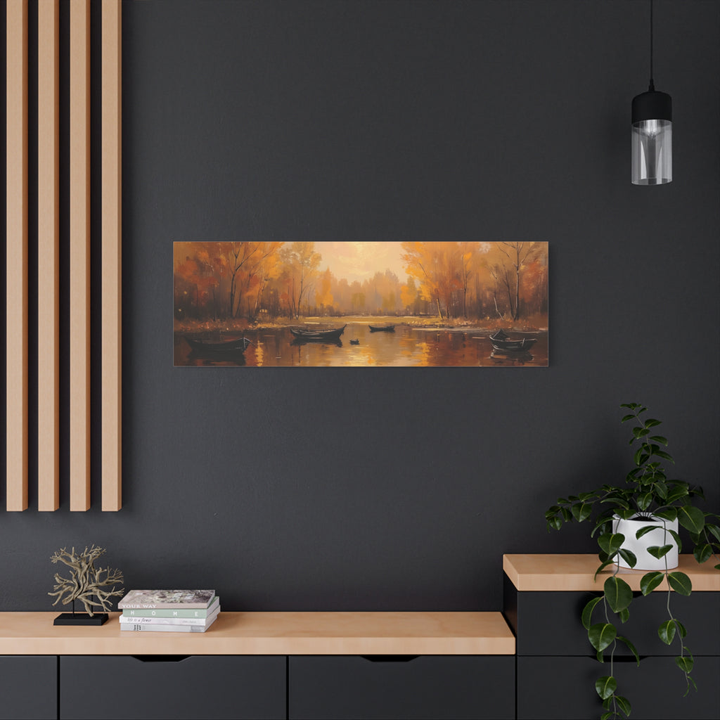 Autumn at the lake with rowboats Wall Art - Stretched Canvas