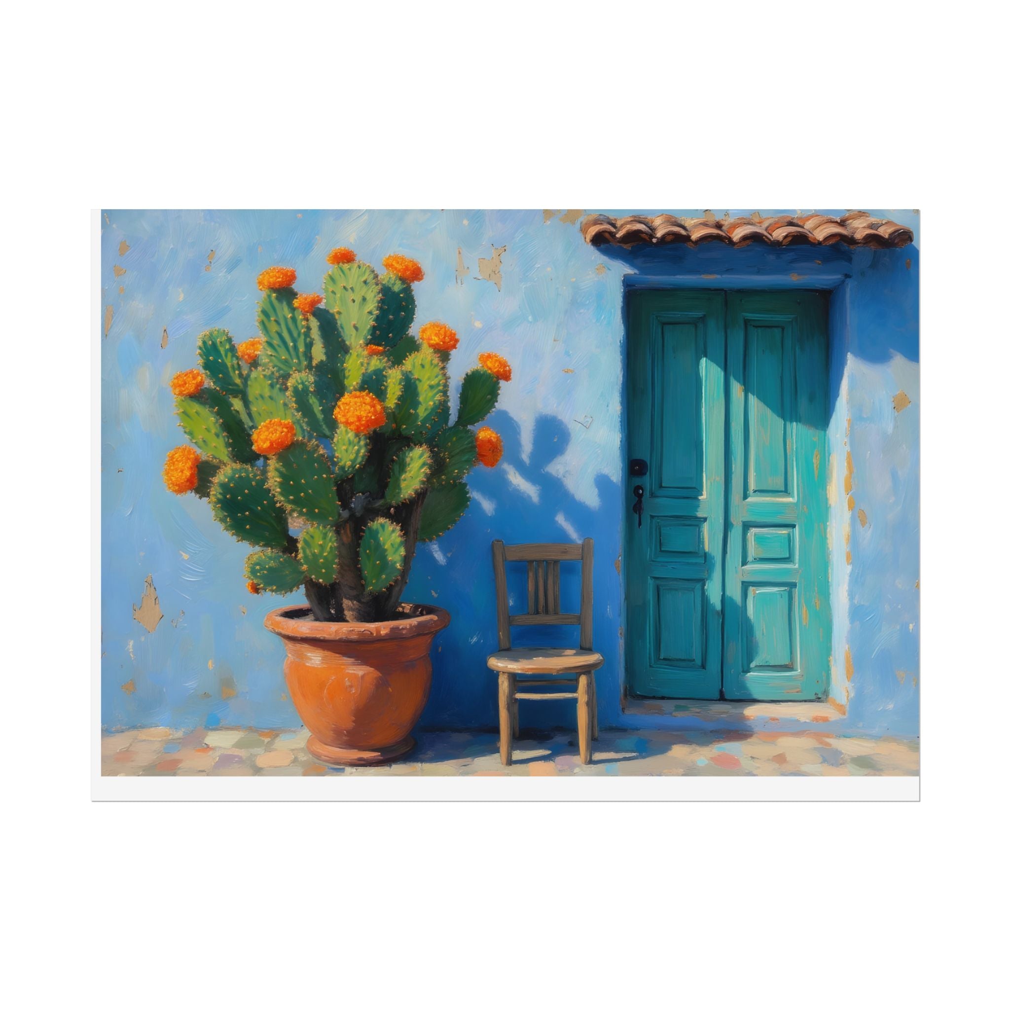 Cactus Binnenplaats Gerolde Poster — Turquoise Deur Woestijn Kunst aan de Muur