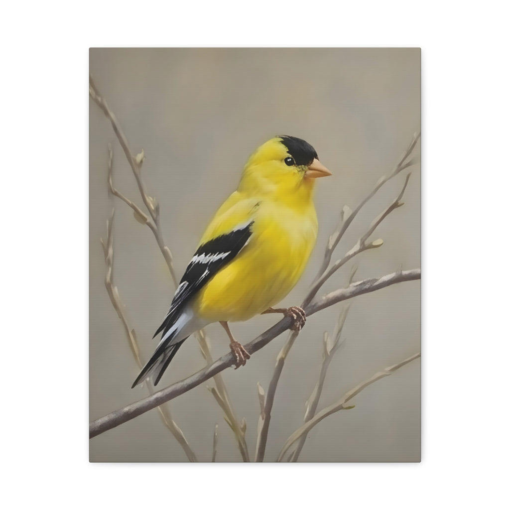 Putter Muurkunst Canvas — Gele Zangvogel Schilderij op Tak, Mat Gespannen Canvas