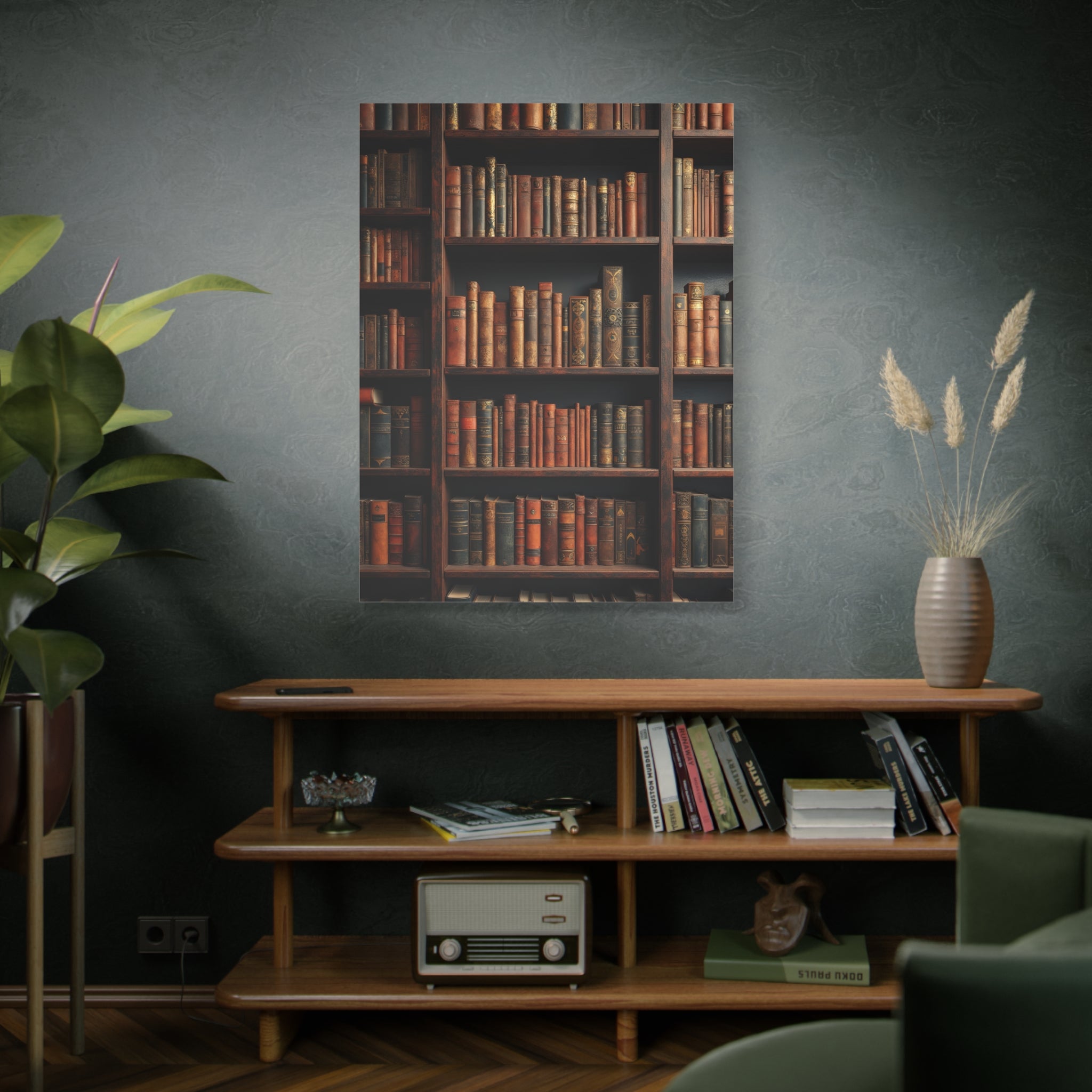 Vintage Library Books Canvas Print - Stacked Antique Bookshelf Wall Art