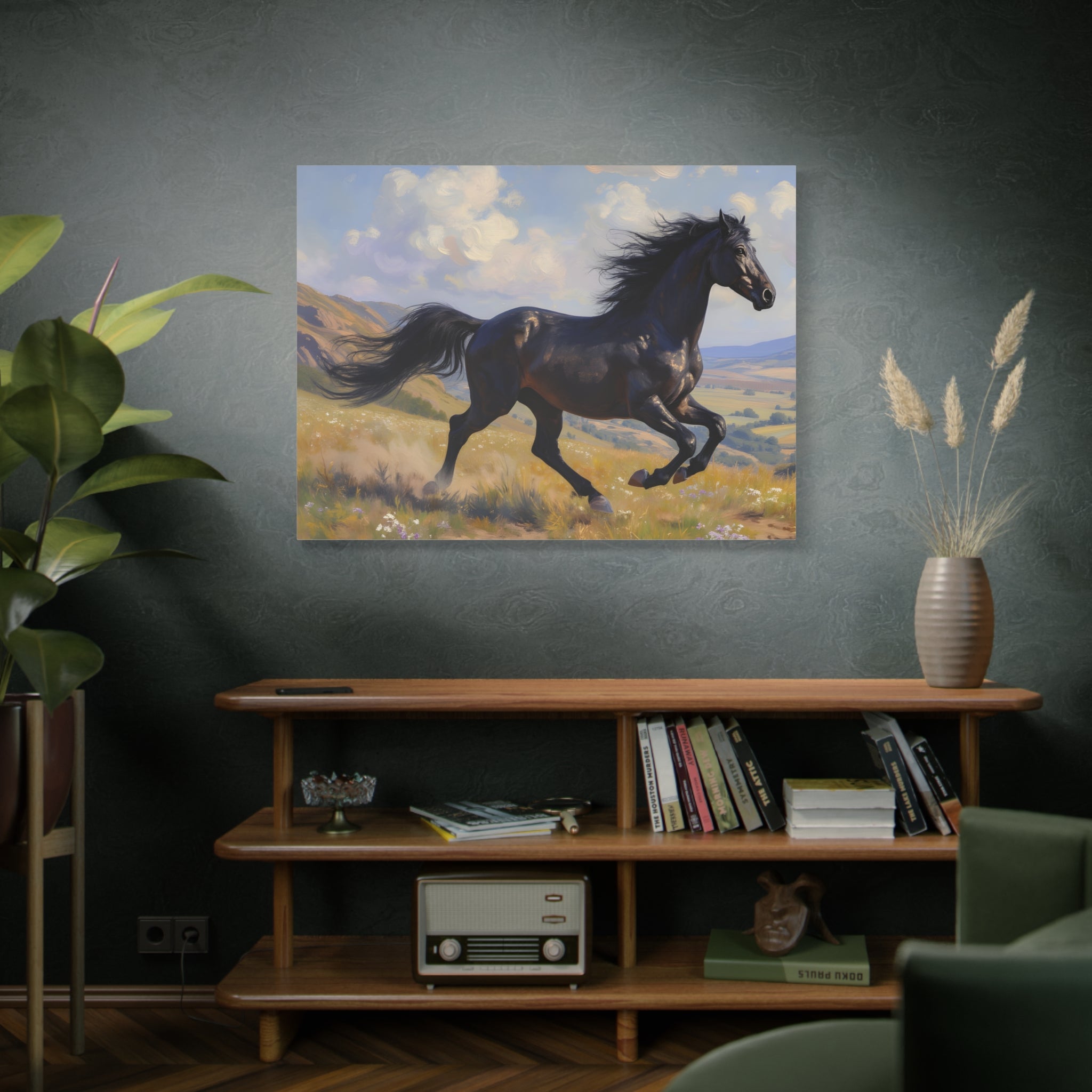Running Black Stallion Wall Art - Horse Painting - Stretched Canvas