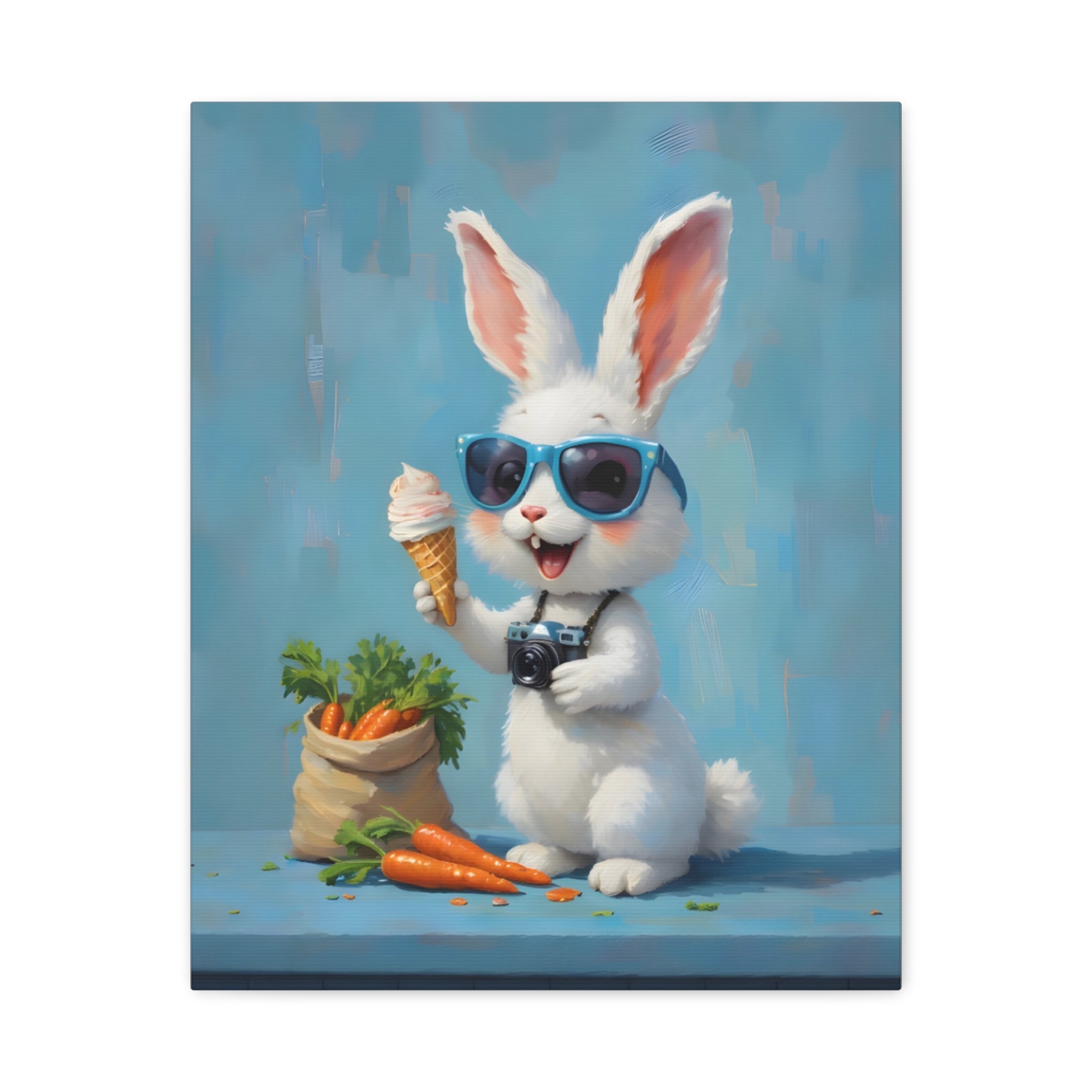 Blue Bunny Canvas Print — Cute Rabbit with Sunglasses & Ice Cream Matte Wall Art
