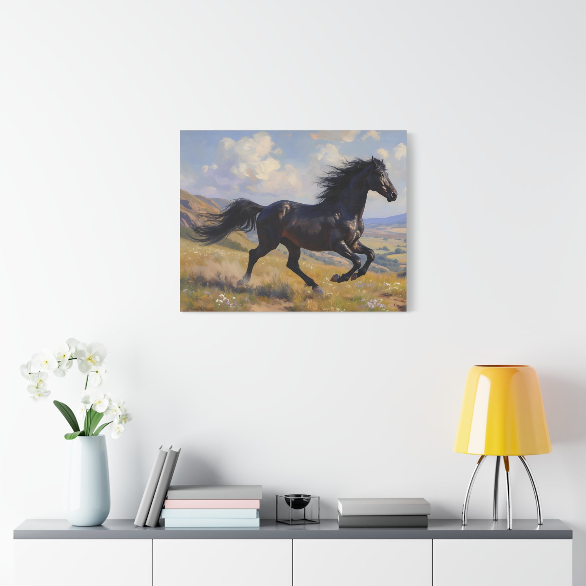 Running Black Stallion Wall Art - Horse Painting - Stretched Canvas