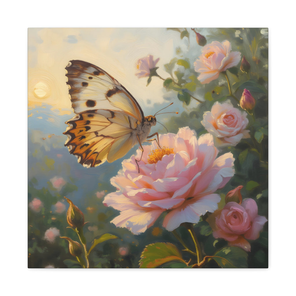 Butterfly on Pink Rose Wall Art - Stretched Canvas