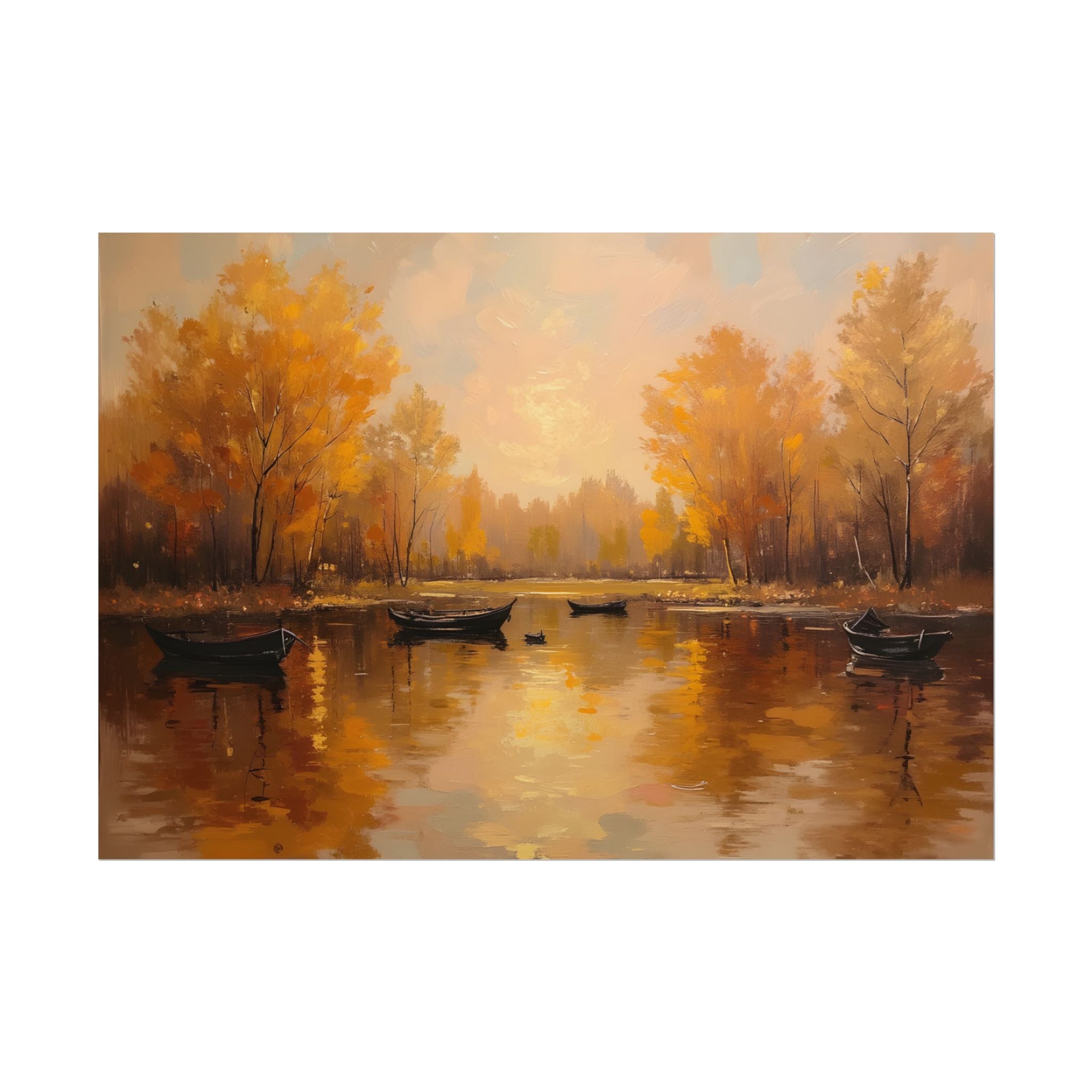 Autumn at the lake with rowboats - Poster