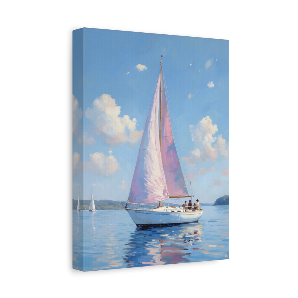 Sailing boat on calm water with pink accents Wall Art - Stretched Canvas