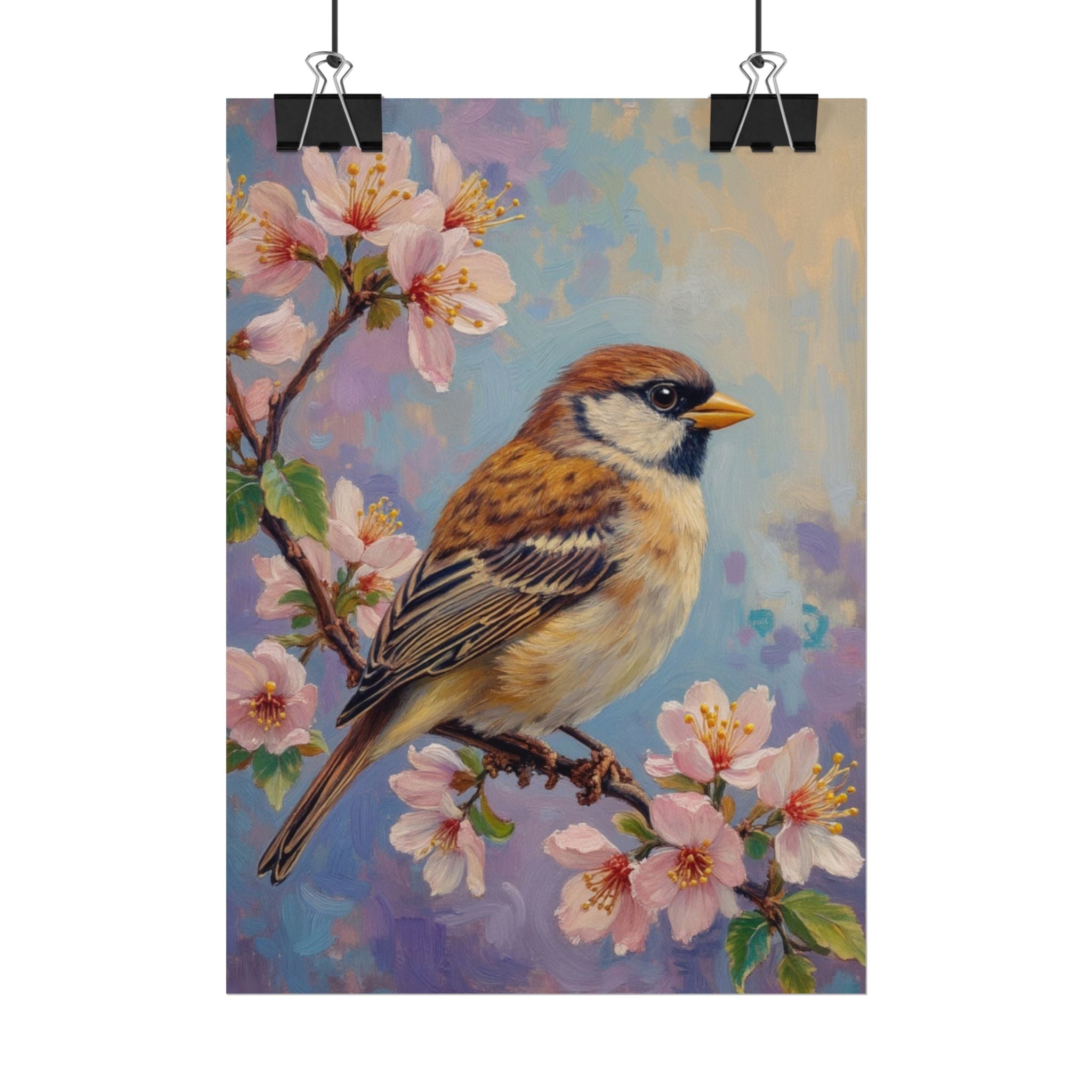 Bird on Blossom Rolled Poster — Spring Sparrow on Branch Wall Art Print