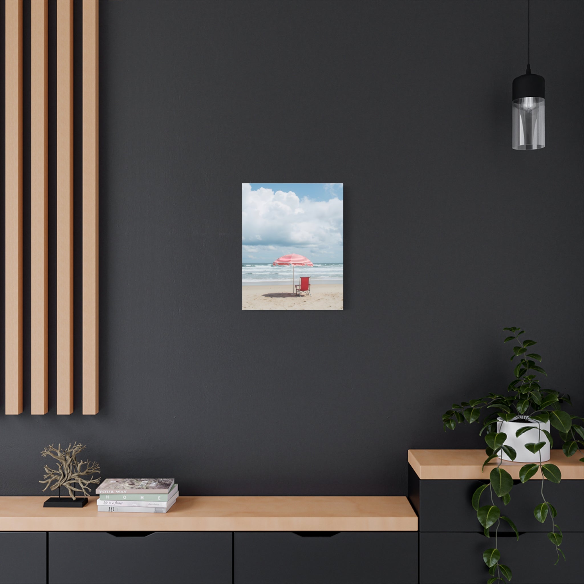 Sun-drenched beach memory with beach chair and umbrella Canvas Wall Art - Stretched Canvas