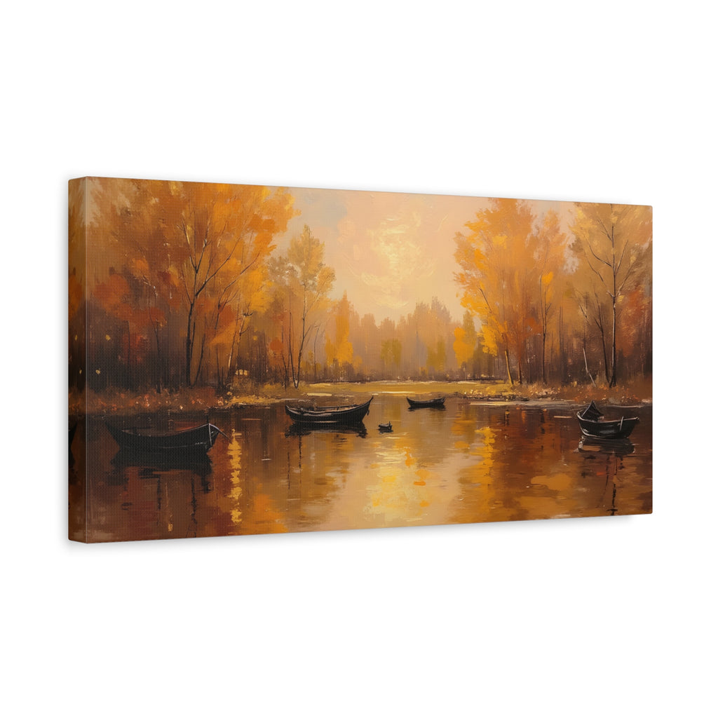 Autumn at the lake with rowboats Wall Art - Stretched Canvas