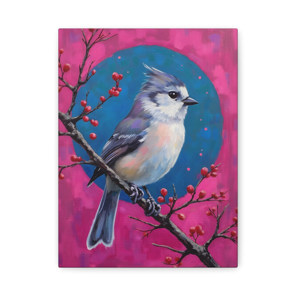 Blue jay on a holly branch Wall Art - Stretched Canvas