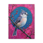Blue jay on a holly branch Wall Art - Stretched Canvas