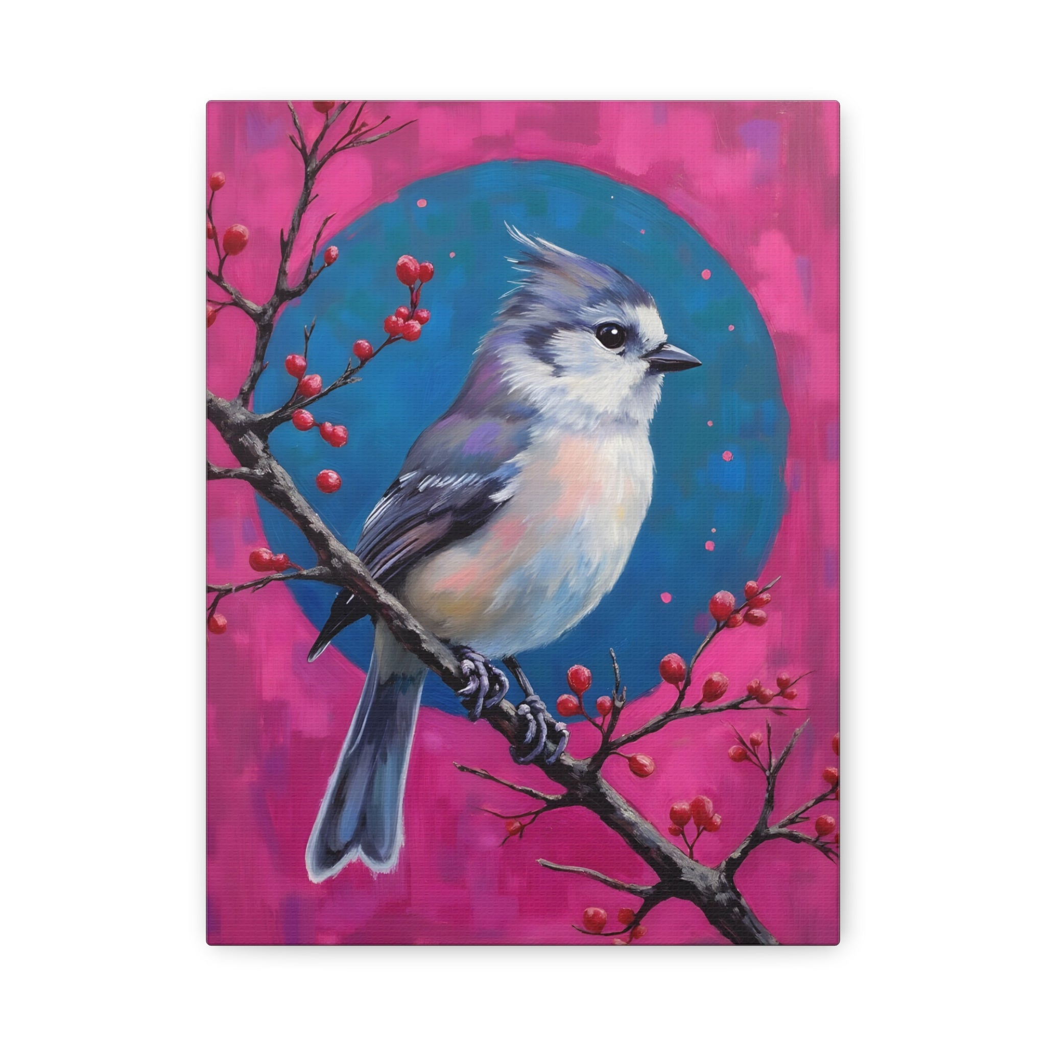 Blue jay on a holly branch Wall Art - Stretched Canvas