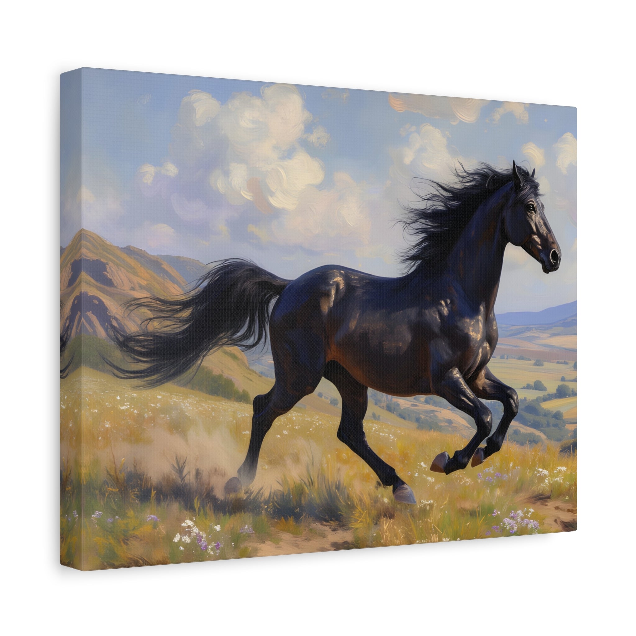 Running Black Stallion Wall Art - Horse Painting - Stretched Canvas
