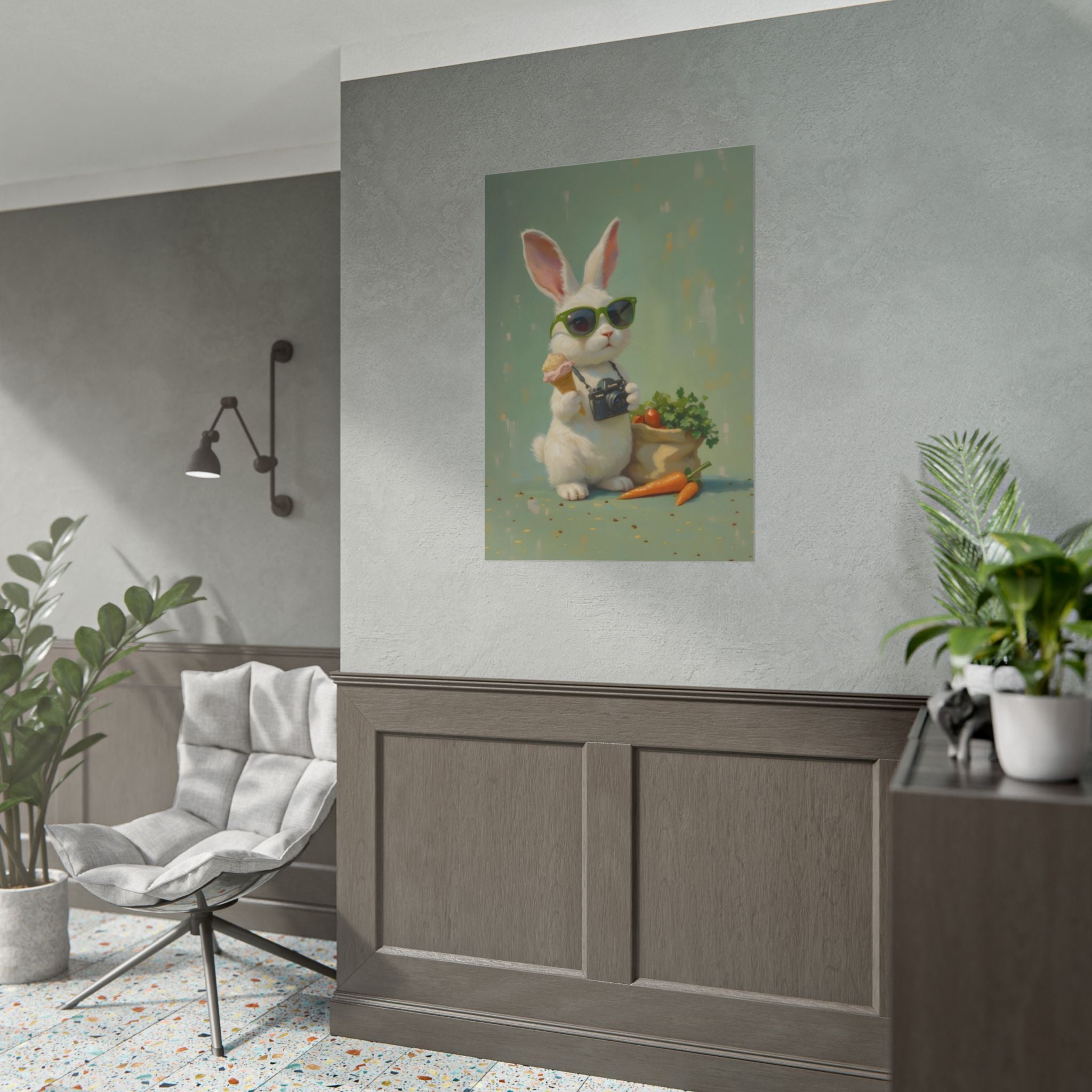 Green Bunny Rolled Poster — Cool Bunny with Camera Art Print