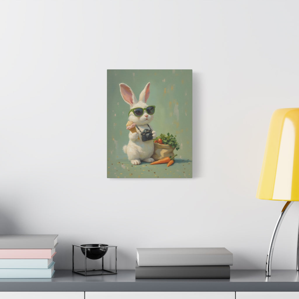 Green Bunny Canvas Wall Art — Photographer Bunny with Carrots & Ice Cream