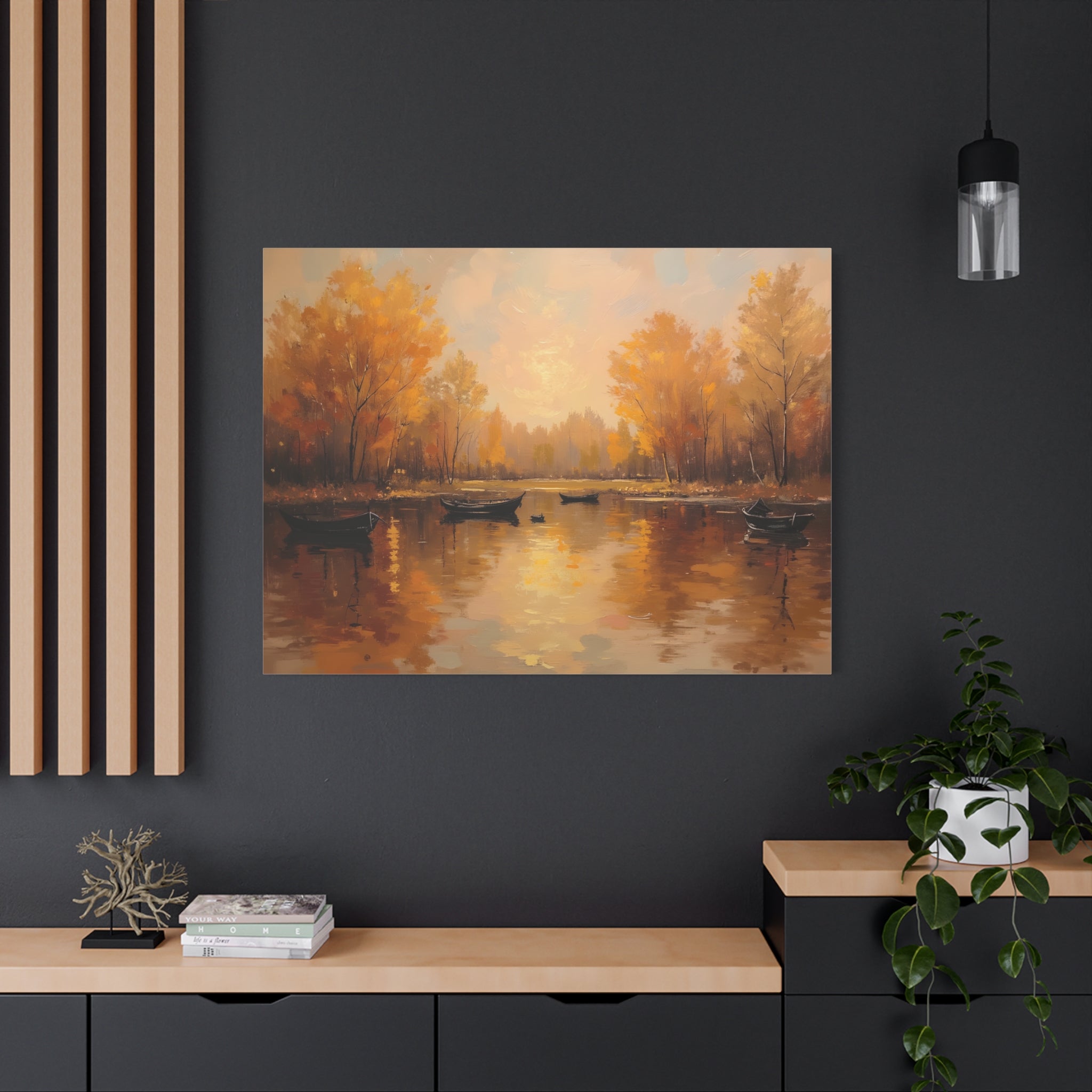 Autumn at the lake with rowboats Wall Art - Stretched Canvas
