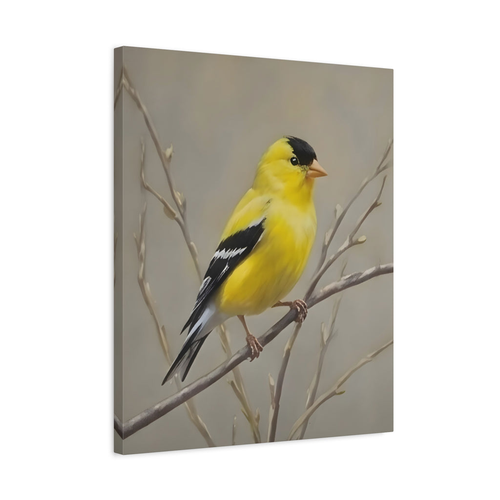 Putter Muurkunst Canvas — Gele Zangvogel Schilderij op Tak, Mat Gespannen Canvas