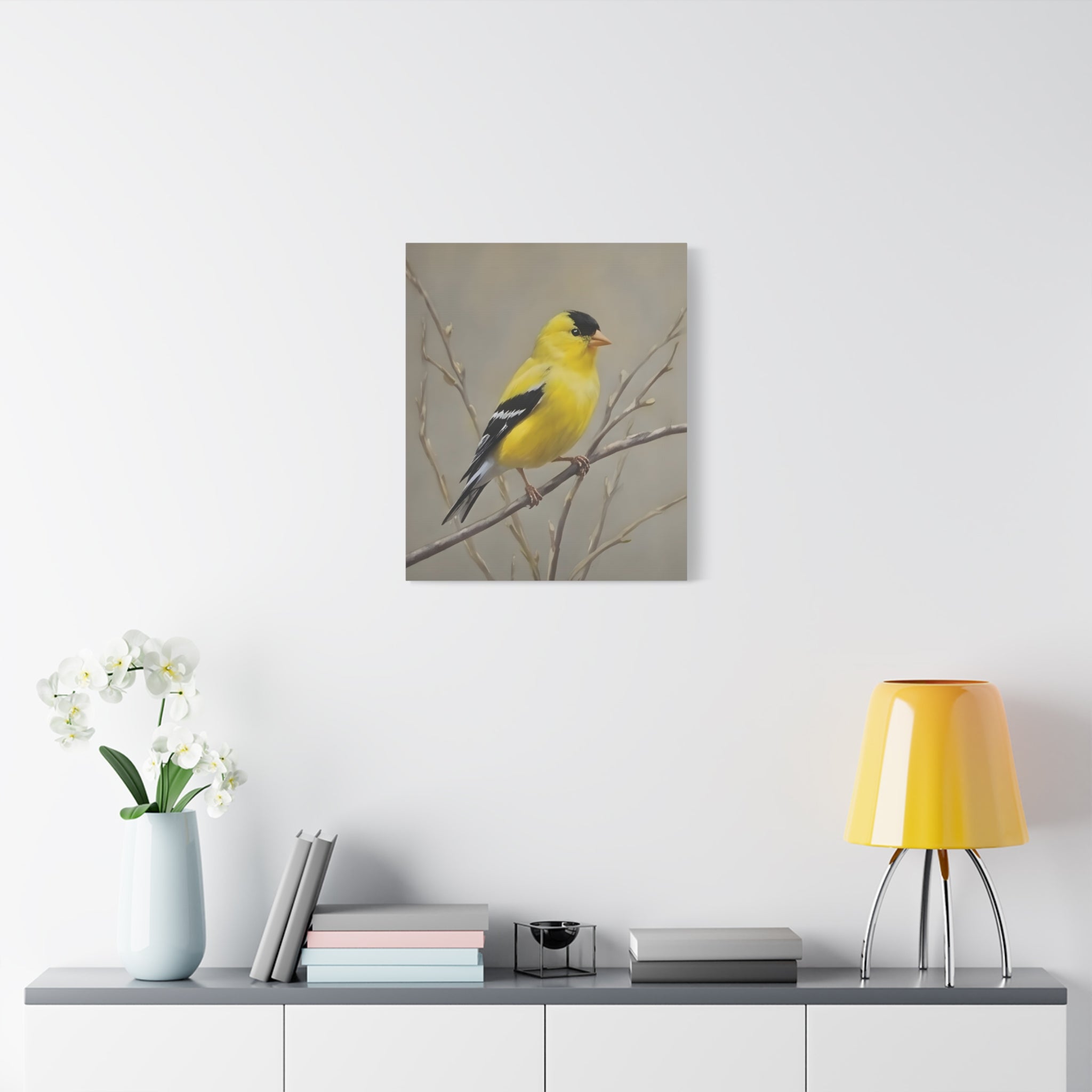 Putter Muurkunst Canvas — Gele Zangvogel Schilderij op Tak, Mat Gespannen Canvas