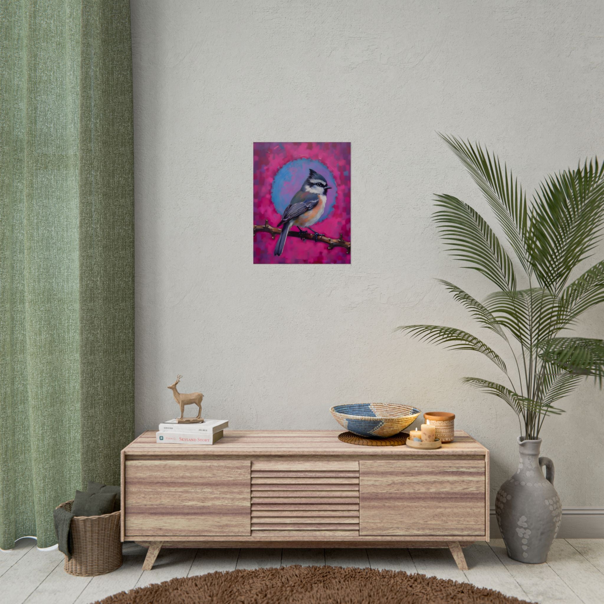 Kleurrijke Zangvogel Poster — Blauwe Gaai Kunstprint op Levendige Roze Achtergrond