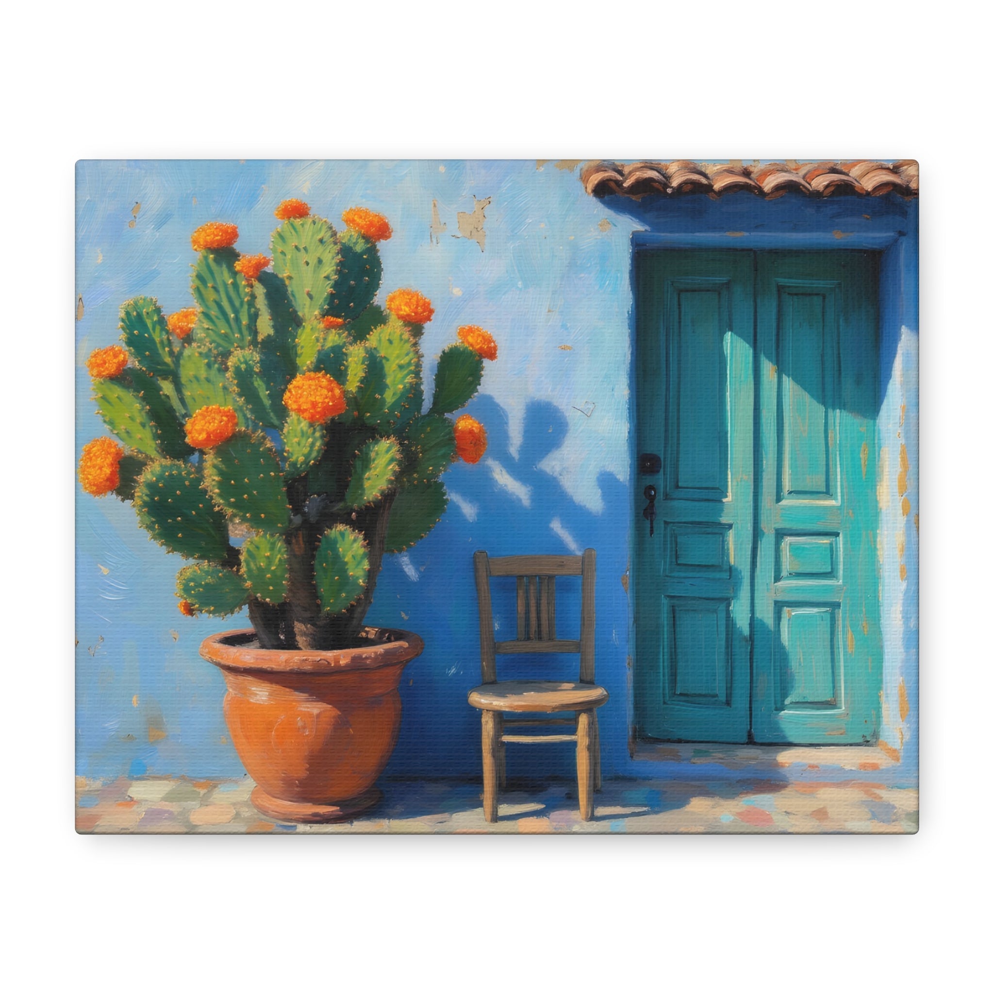 Southwestern Cactus Canvas Wall Art - Turquoise Door Painting (Matte Stretched)