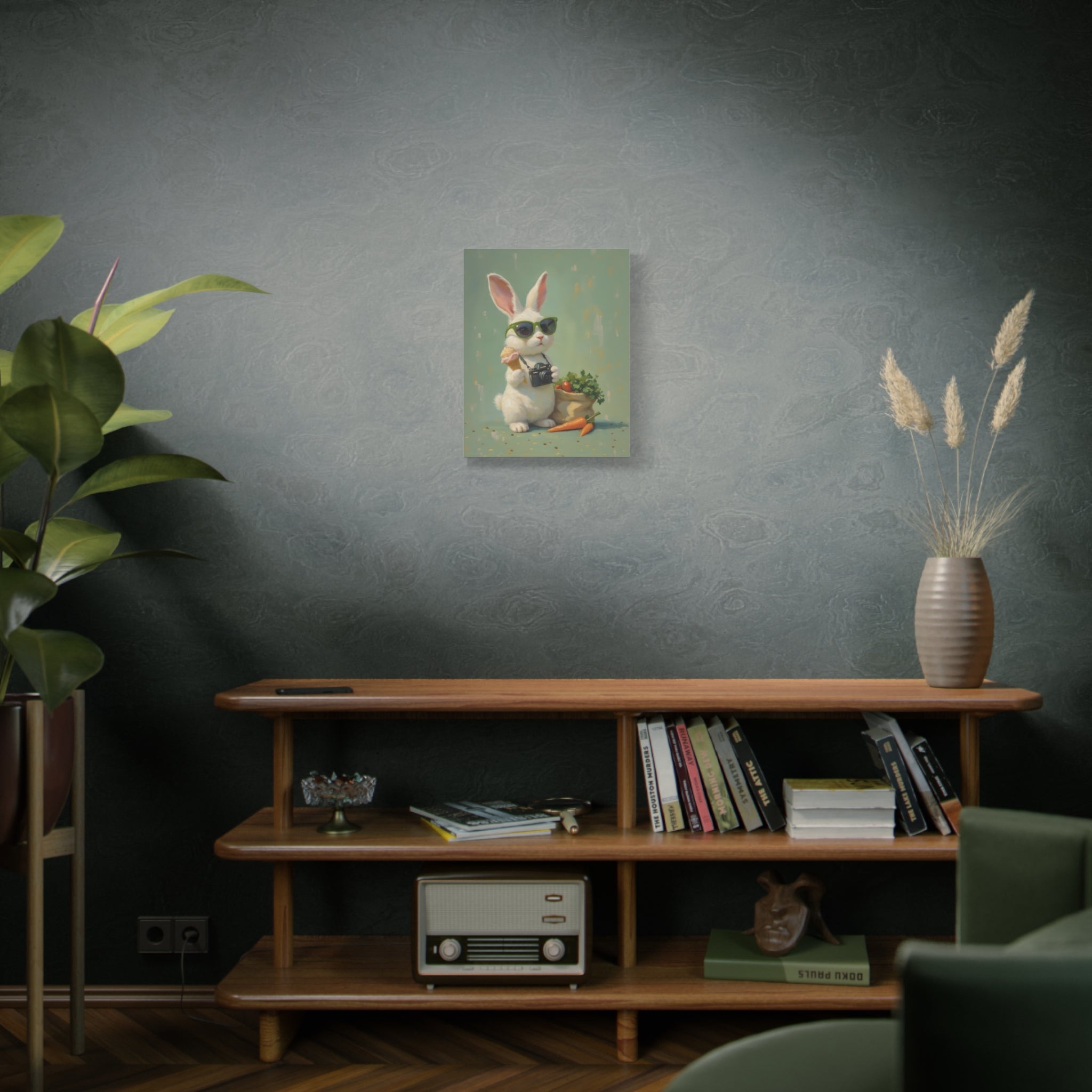 Green Bunny Canvas Wall Art — Photographer Bunny with Carrots & Ice Cream