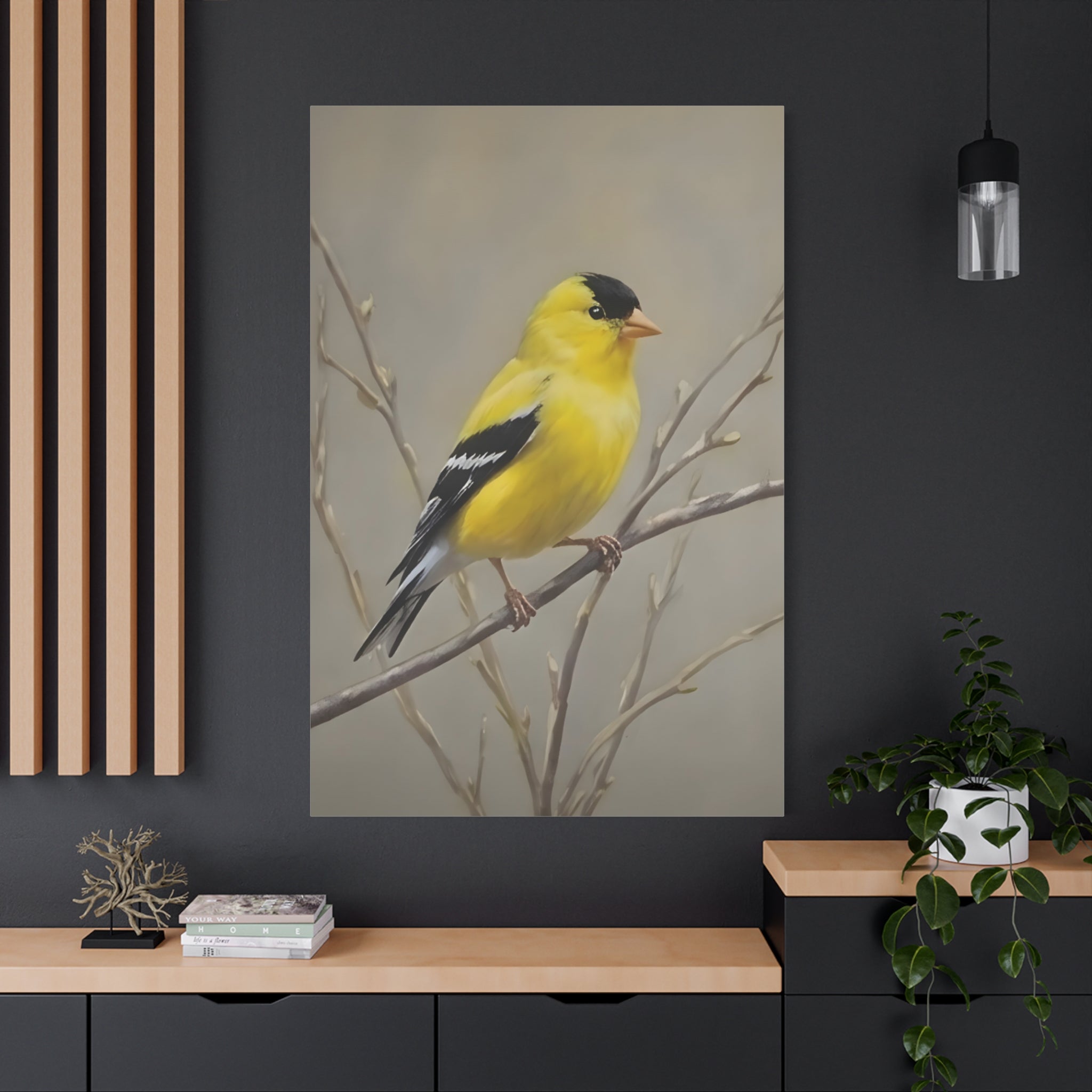 Putter Muurkunst Canvas — Gele Zangvogel Schilderij op Tak, Mat Gespannen Canvas