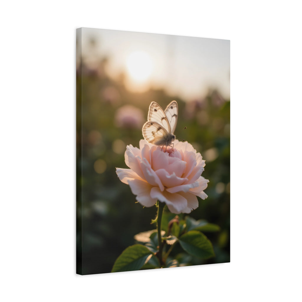 Butterfly on Pink Rose Wall Art - Stretched Canvas