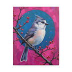 Blue jay on a holly branch Wall Art - Stretched Canvas