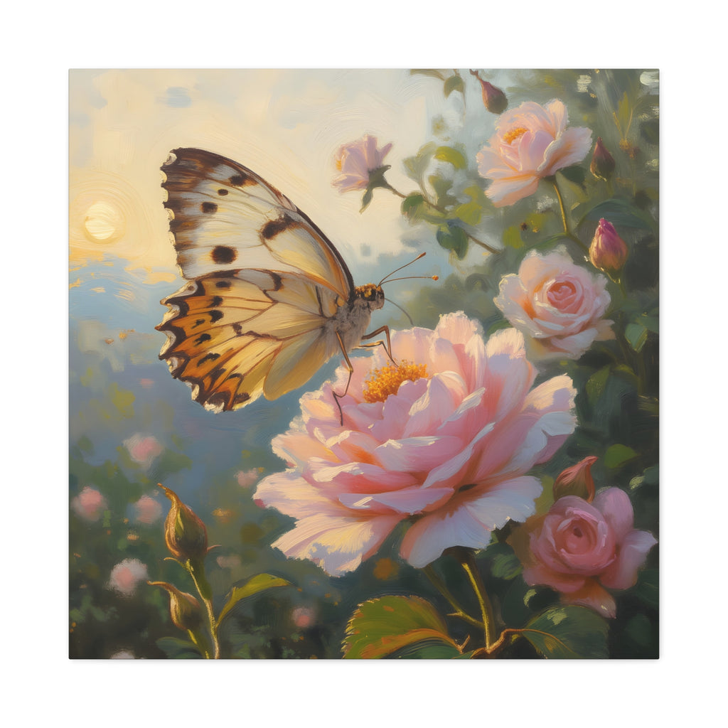 Butterfly on Pink Rose Wall Art - Stretched Canvas