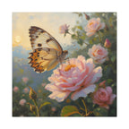 Butterfly on Pink Rose Wall Art - Stretched Canvas