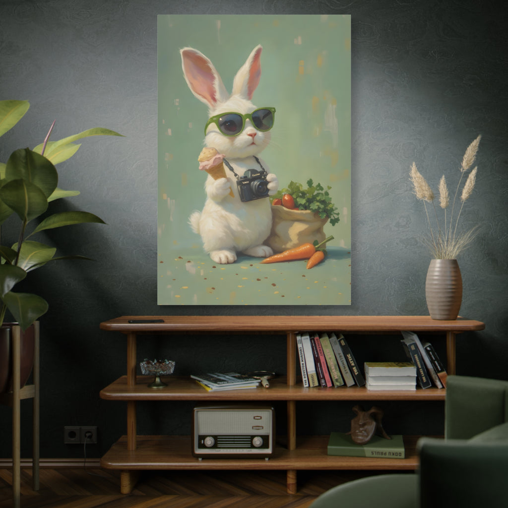 Green Bunny Canvas Wall Art — Photographer Bunny with Carrots & Ice Cream