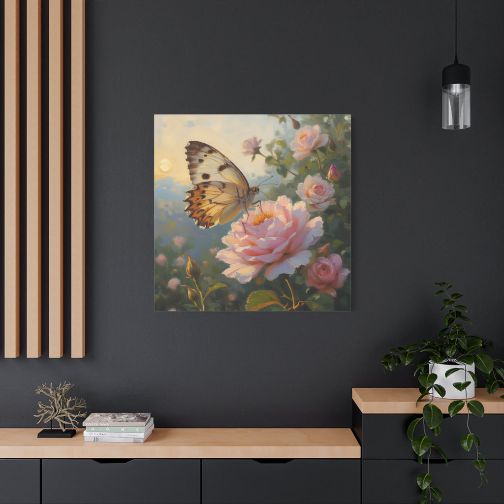 Butterfly on Pink Rose Wall Art - Stretched Canvas