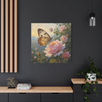 Butterfly on Pink Rose Wall Art - Stretched Canvas