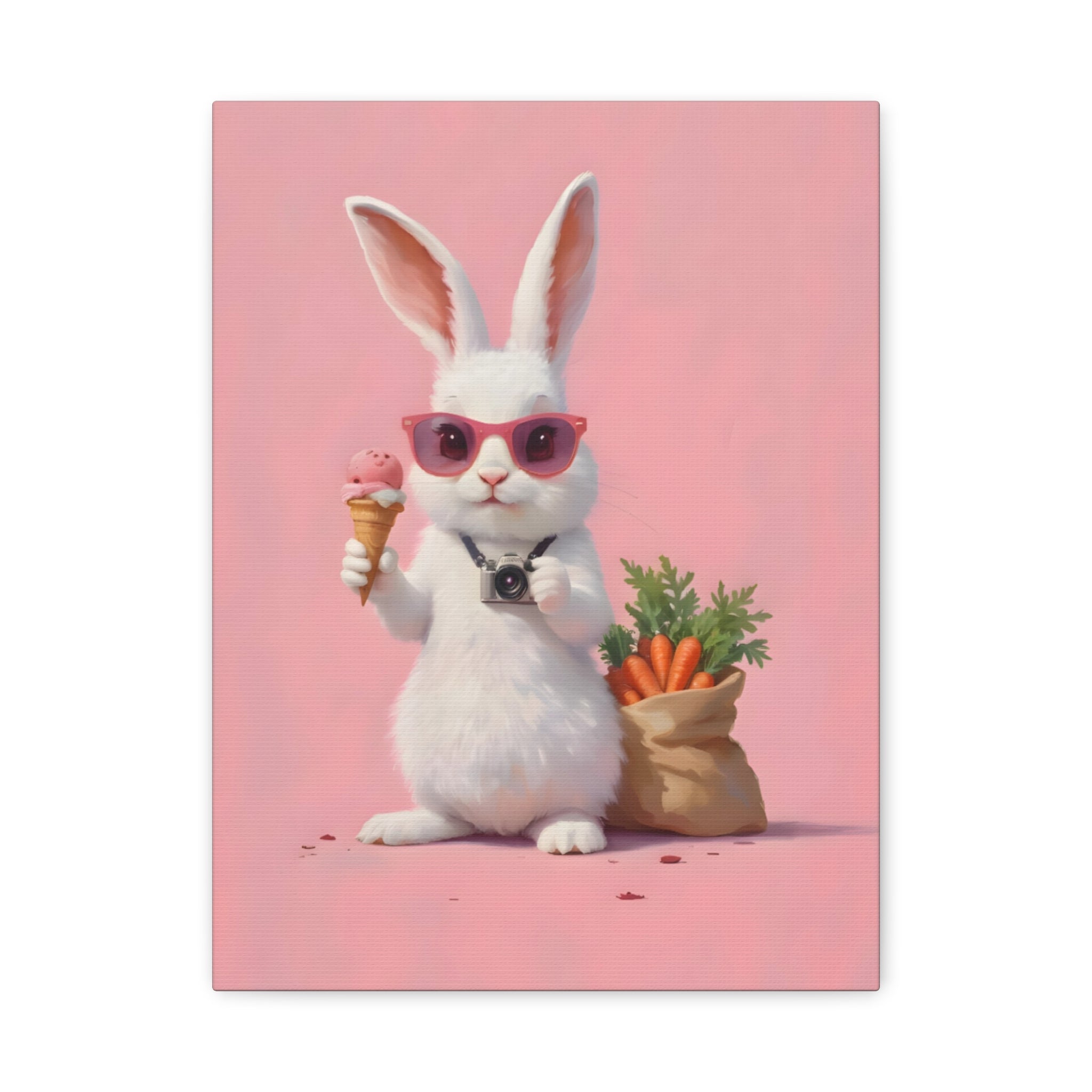 Pink Cute Bunny Canvas Wall Art — Cool Rabbit with Sunglasses, Ice Cream & Carrots (Matte Stretched)