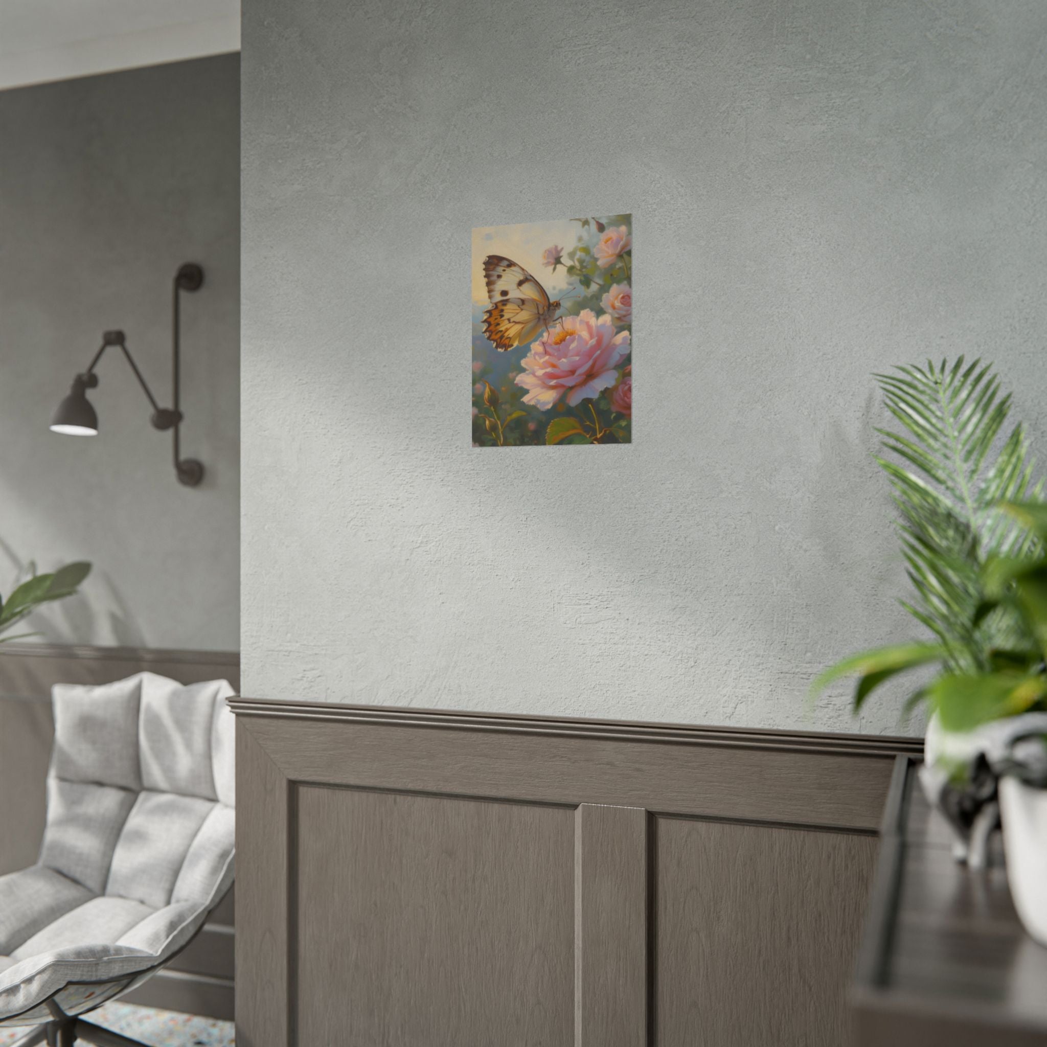 Butterfly on Pink Rose Wall Art - Poster