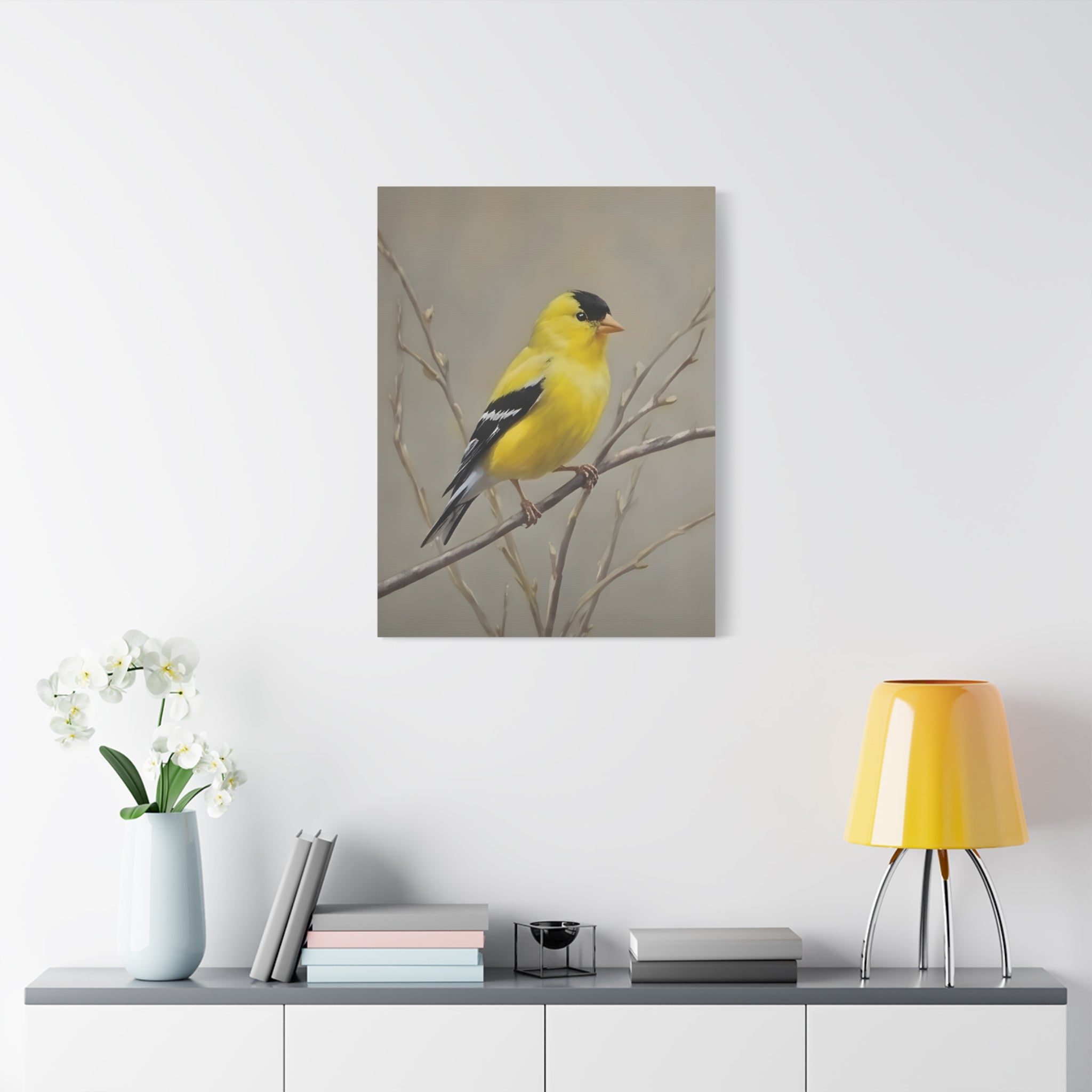 Putter Muurkunst Canvas — Gele Zangvogel Schilderij op Tak, Mat Gespannen Canvas
