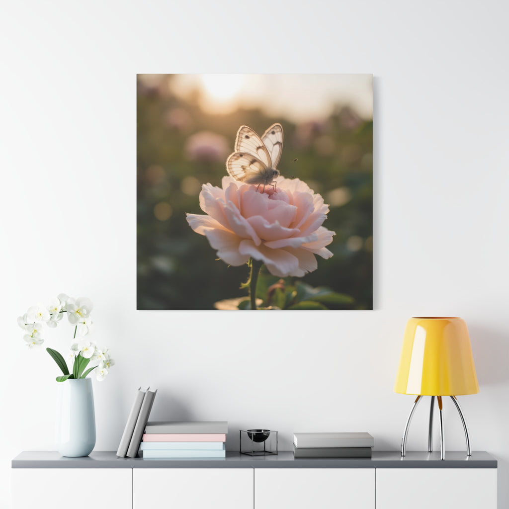 Butterfly on Pink Rose Wall Art - Stretched Canvas
