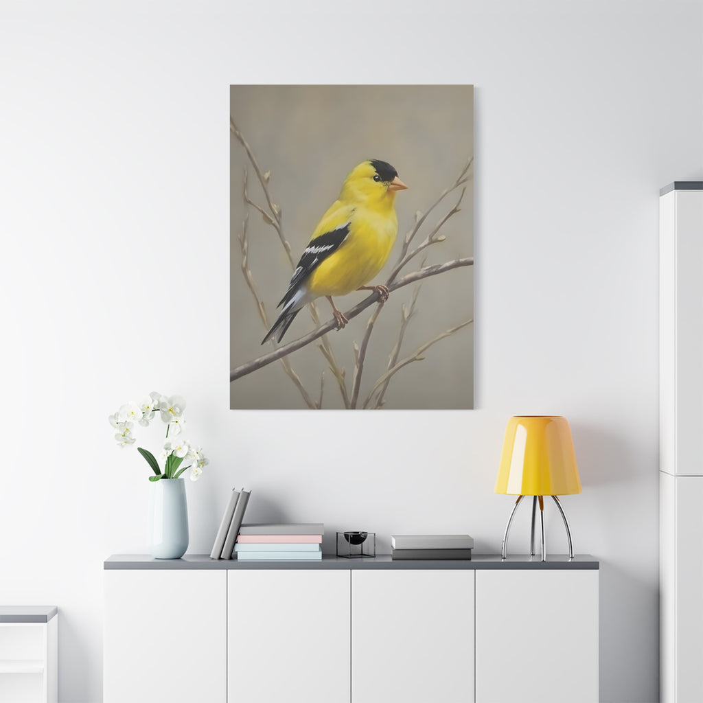 Putter Muurkunst Canvas — Gele Zangvogel Schilderij op Tak, Mat Gespannen Canvas