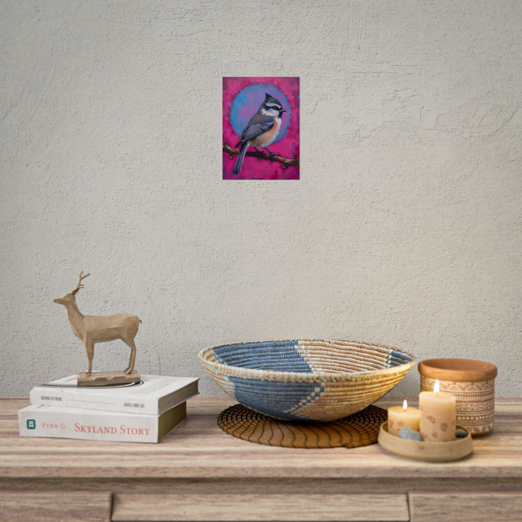 Colorful Songbird Poster — Blue Jay Art Print on Vibrant Pink Background