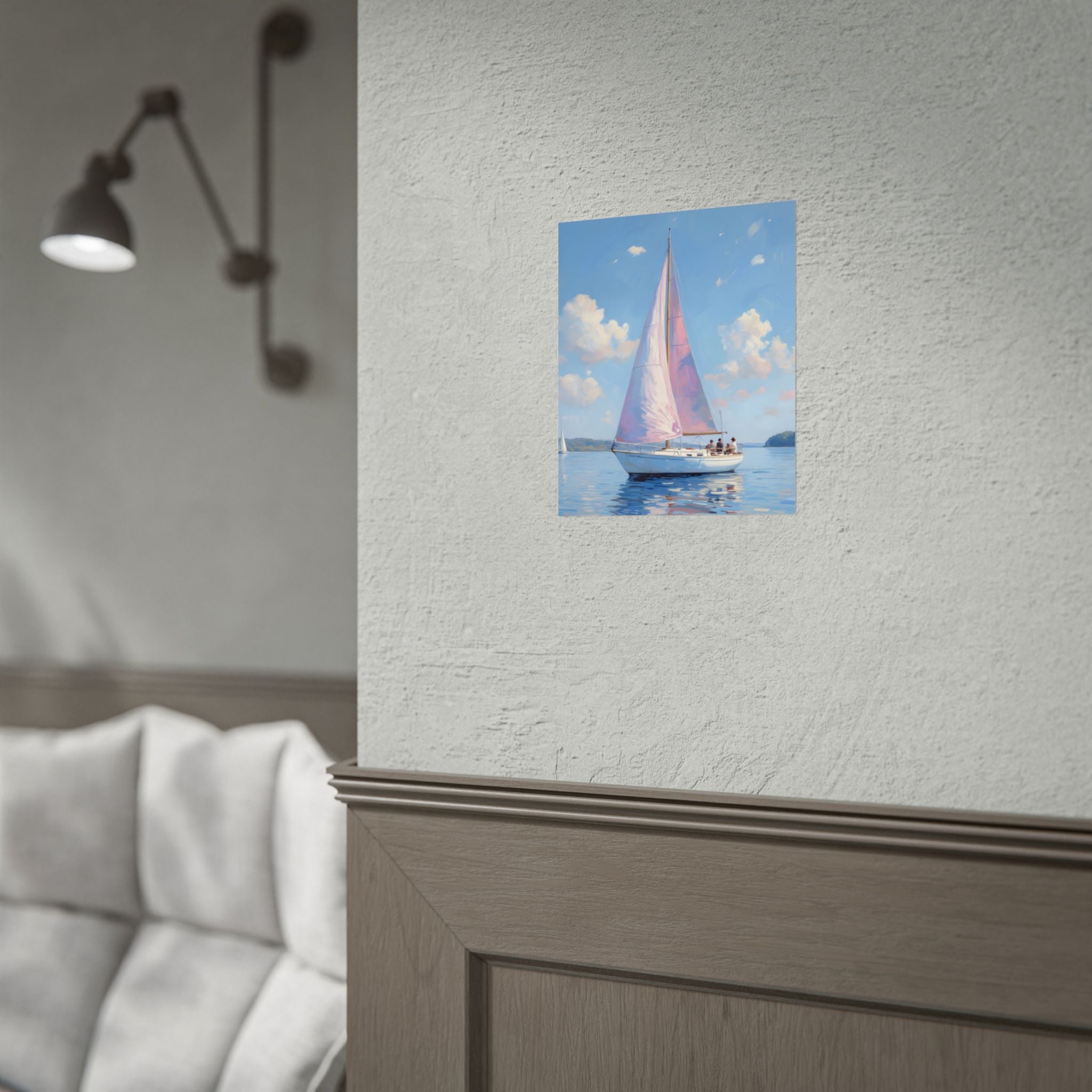 Sailing boat on calm water with pink accents - Poster