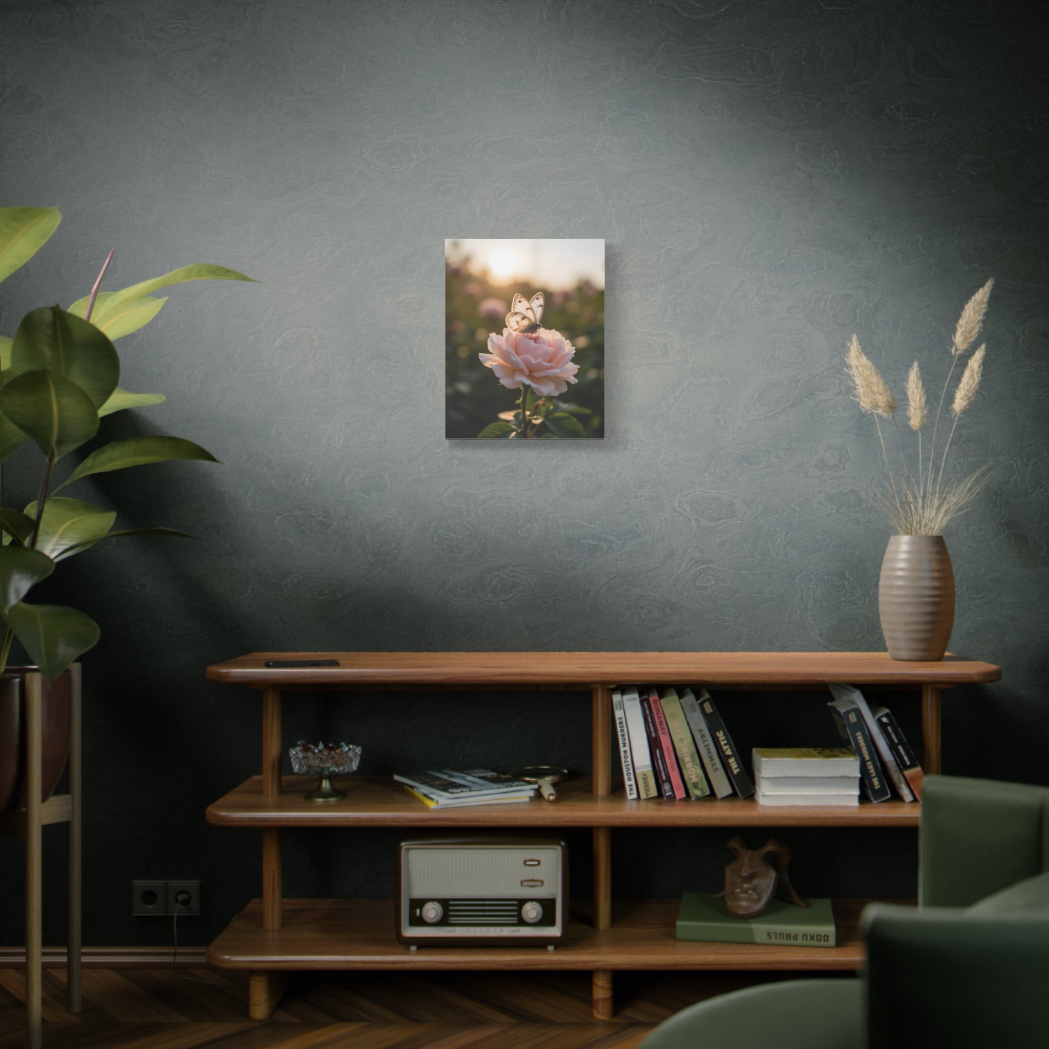 Butterfly on Pink Rose Wall Art - Stretched Canvas