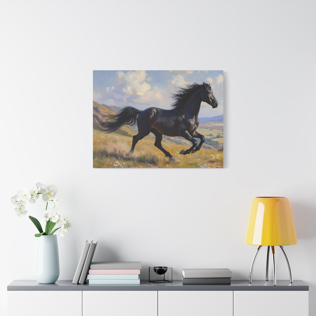 Running Black Stallion Wall Art - Horse Painting - Stretched Canvas