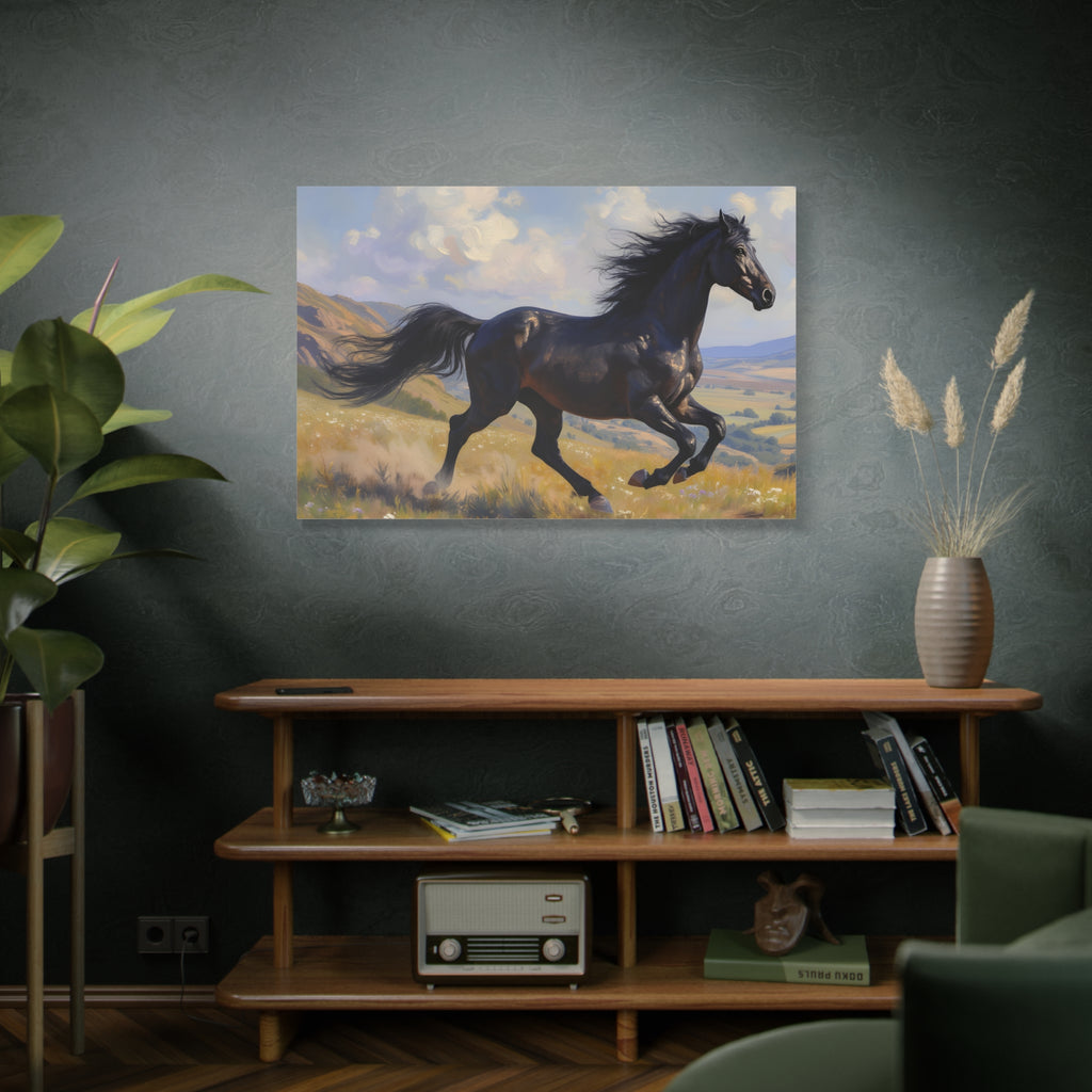 Running Black Stallion Wall Art - Horse Painting - Stretched Canvas