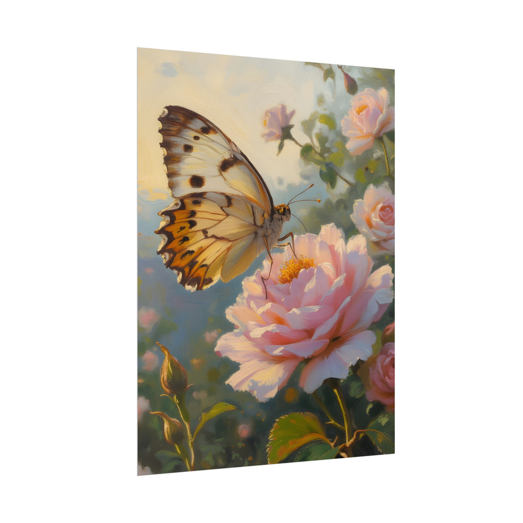 Butterfly on Pink Rose Wall Art - Poster