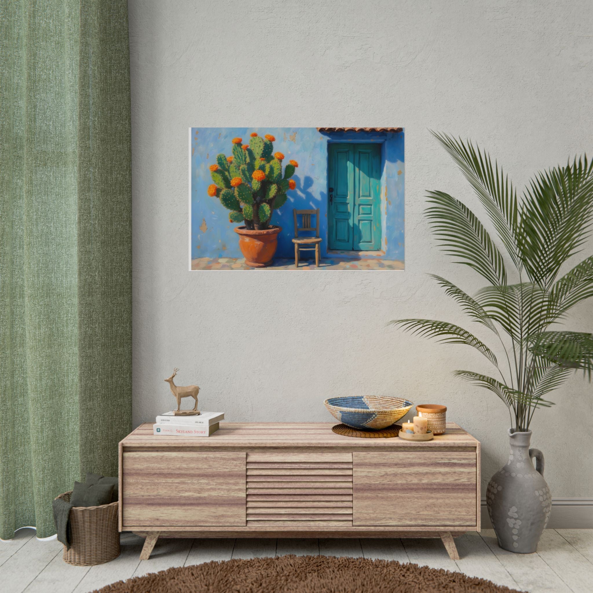 Cactus Binnenplaats Gerolde Poster — Turquoise Deur Woestijn Kunst aan de Muur