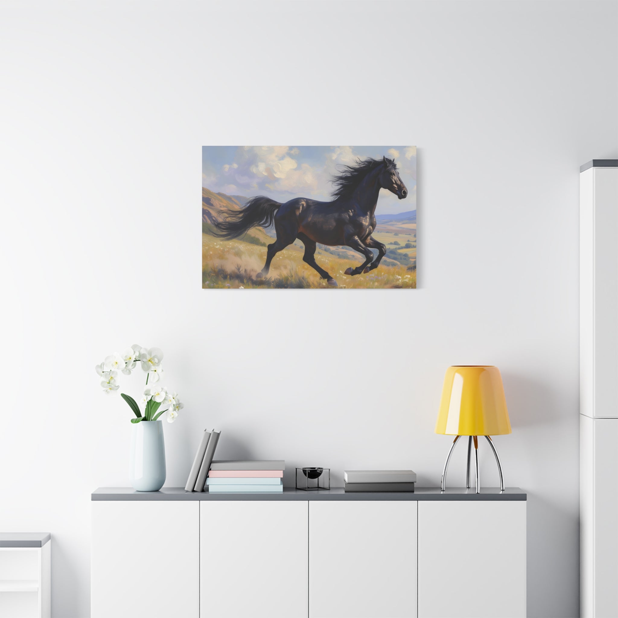 Running Black Stallion Wall Art - Horse Painting - Stretched Canvas