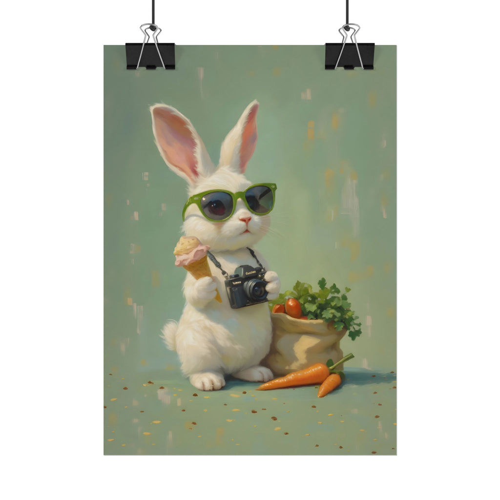 Green Bunny Rolled Poster — Cool Bunny with Camera Art Print